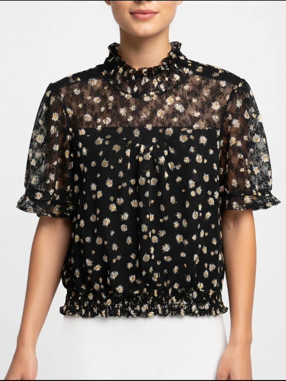 Black Daisy-Print Sheer Ruffle-Trim Blouse Size M - Picture 5 of 8